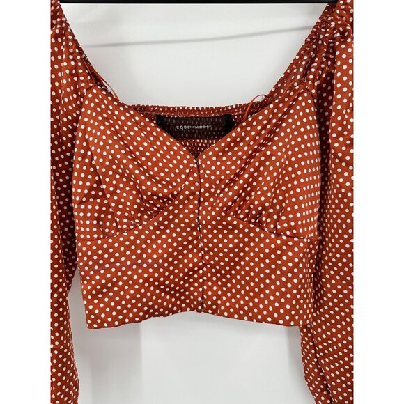 Code X Mode Crop Top Women Medium Copper Polka Dot Satin Long Sleeve Smocked - Picture 2 of 10